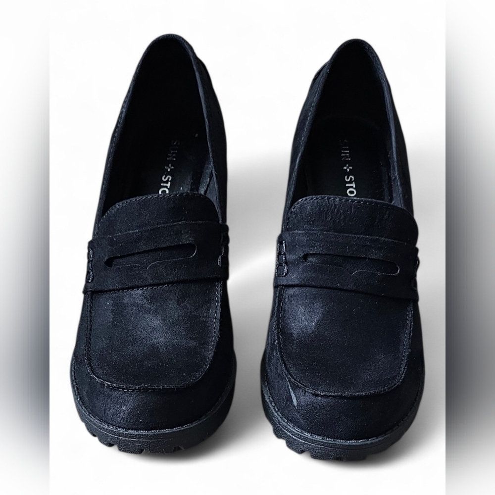 Sun + Stone Women’s Black Suede Block Heel Loafers Size 9 - Picture 2 of 10